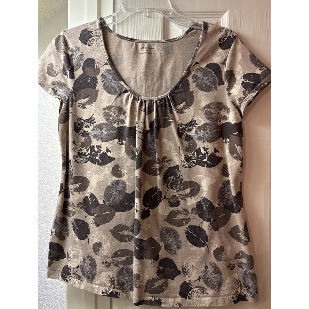 Croft & Barrow Womens Top Medium Multicolor Leaf Print Round Neck Short Sleeve